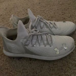 White,silver underarmor BryceHarper cleats